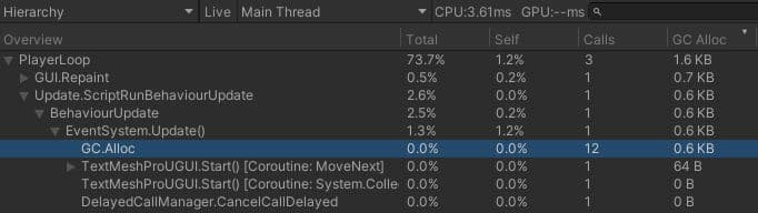 Vista de Hierarchy en CPU Usage Profiler