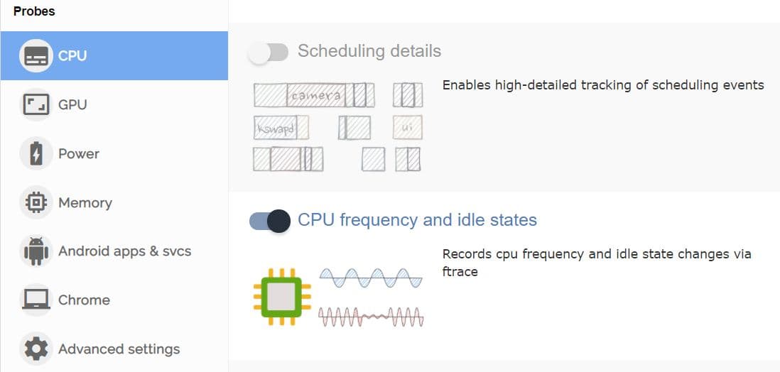 Monitorea la frecuencia de la CPU y los estados de inactividad con herramientas como FTrace o Perfetto para ayudar a identificar los resultados de las optimizaciones sobre la cantidad de fotogramas asignados.