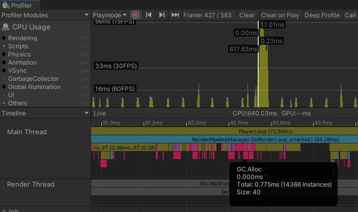 Vista de Timeline en el módulo de CPU Usage Profiler (generador de perfiles sobre uso de CPU)